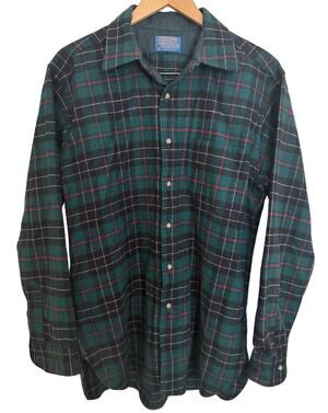 Pendleton Green Wool Flannel Large Vintage 70s Grunge Made USA Hunting Tartan
